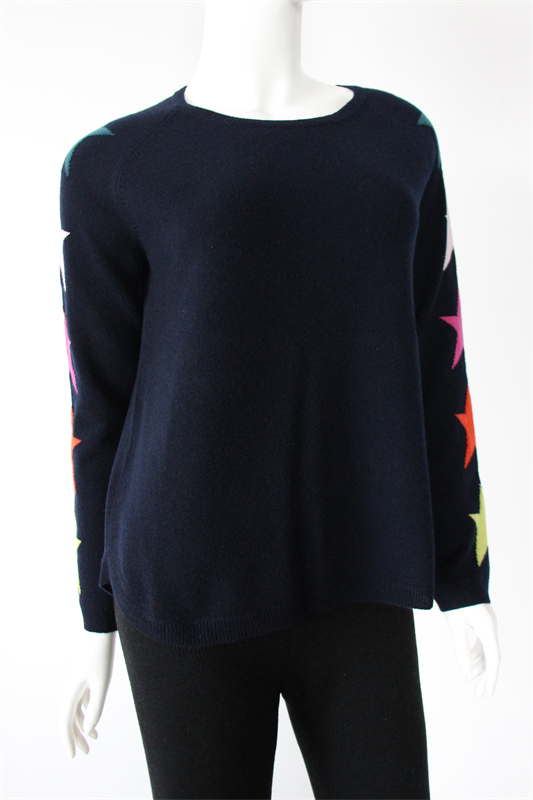 Cashmere Sweater with Multi-Colored Star Intarsia on Sleeve Sides