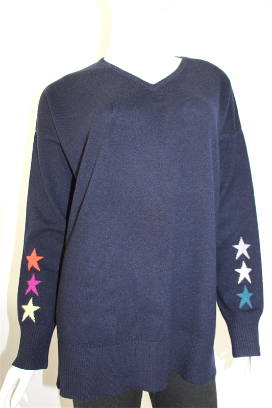 V-Neck Cashmere Sweater with Star Intarsia on Cuffs