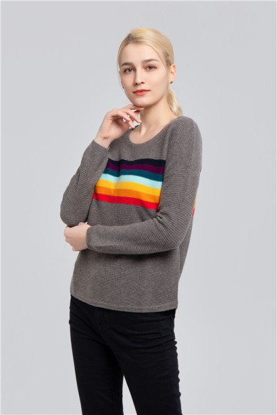 Round neck cashmere sweater with rainbow contrast colors, W-05W